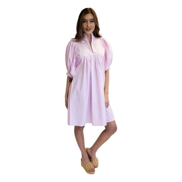 Never A Wallflower High Neck Mini Dress Light Pink Poplin Cotton Puff Sleeves XS - Picture 1 of 6